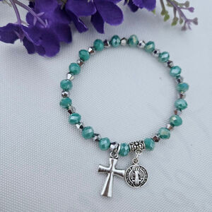 St Benedict Green Glass Beaded Stretch Bracelet